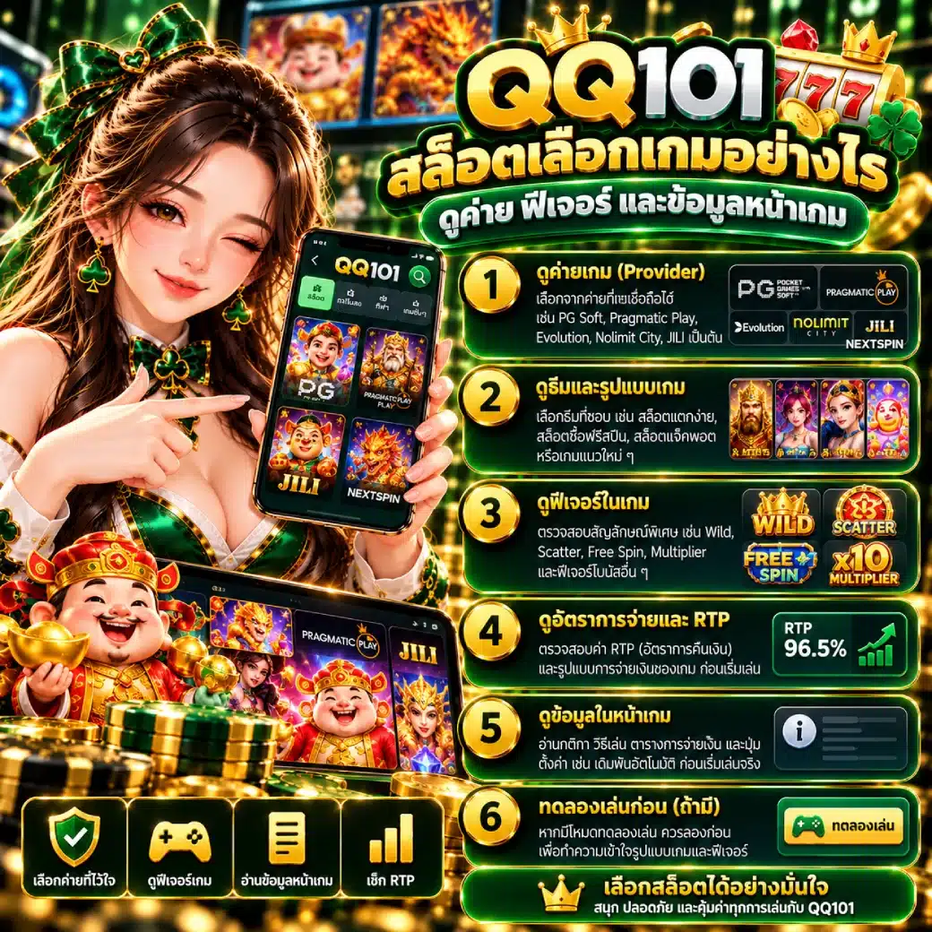 QQ101 สล็อตเลือกเกมอย่างไร ดูค่าย ฟีเจอร์ และข้อมูลหน้าเกม
